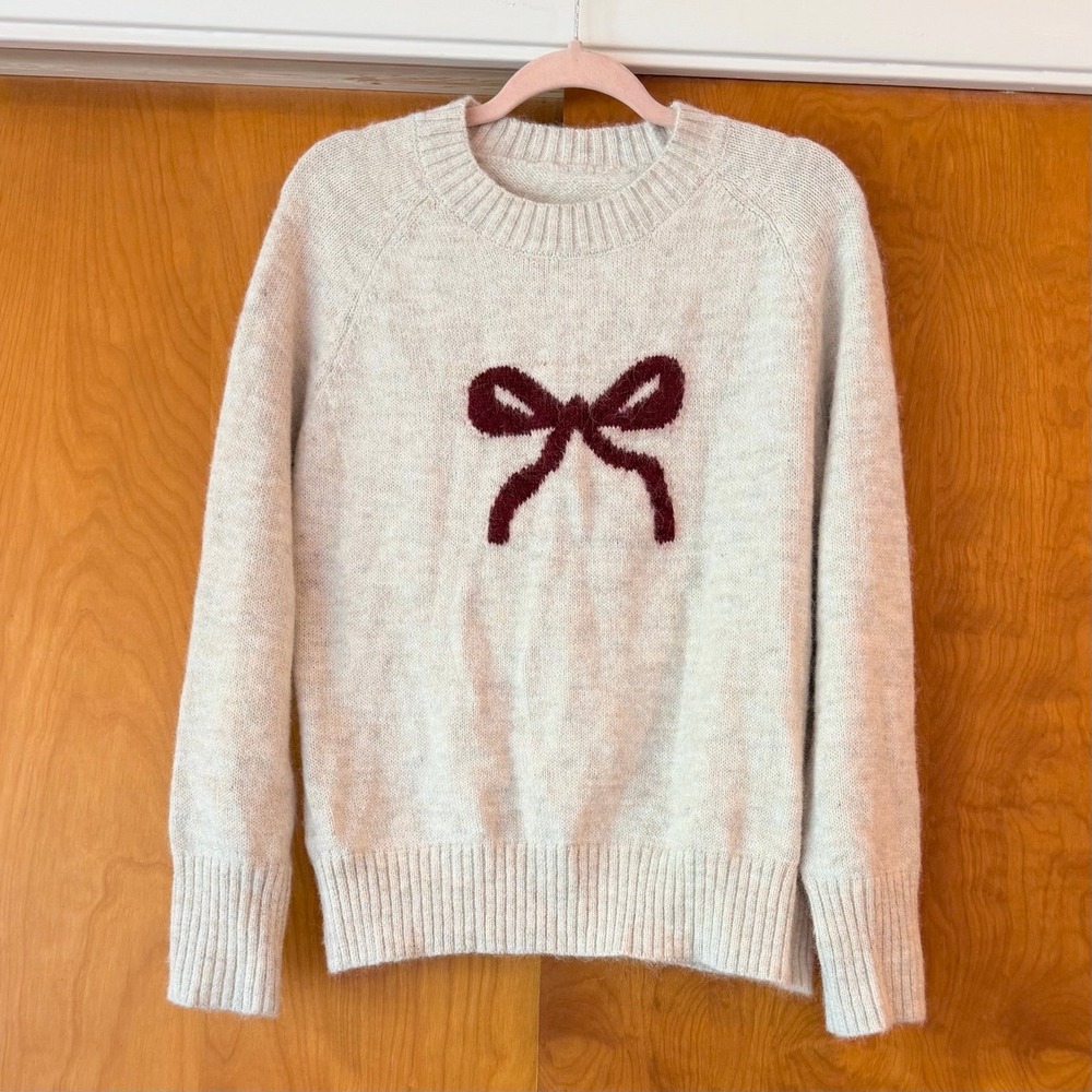 Cream Bow Sweater Burgundy Ribbon Coquette Preppy Feminine Knit Crewneck Medium